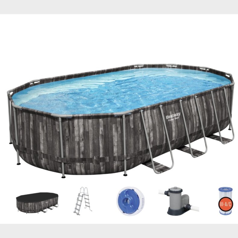 Bestway  Power Steel 610 x 366 x 122 cm Oval Pool m/pumpe,stige