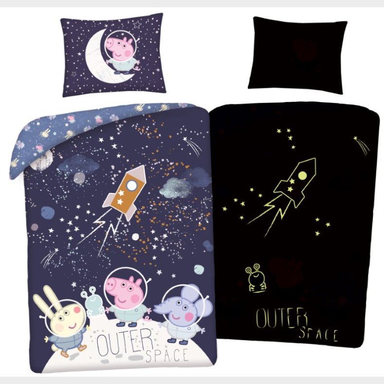 Gurli Gris 'Outer Space' Glow in Dark Sengetj m/rygsk, 100 procent bomuld