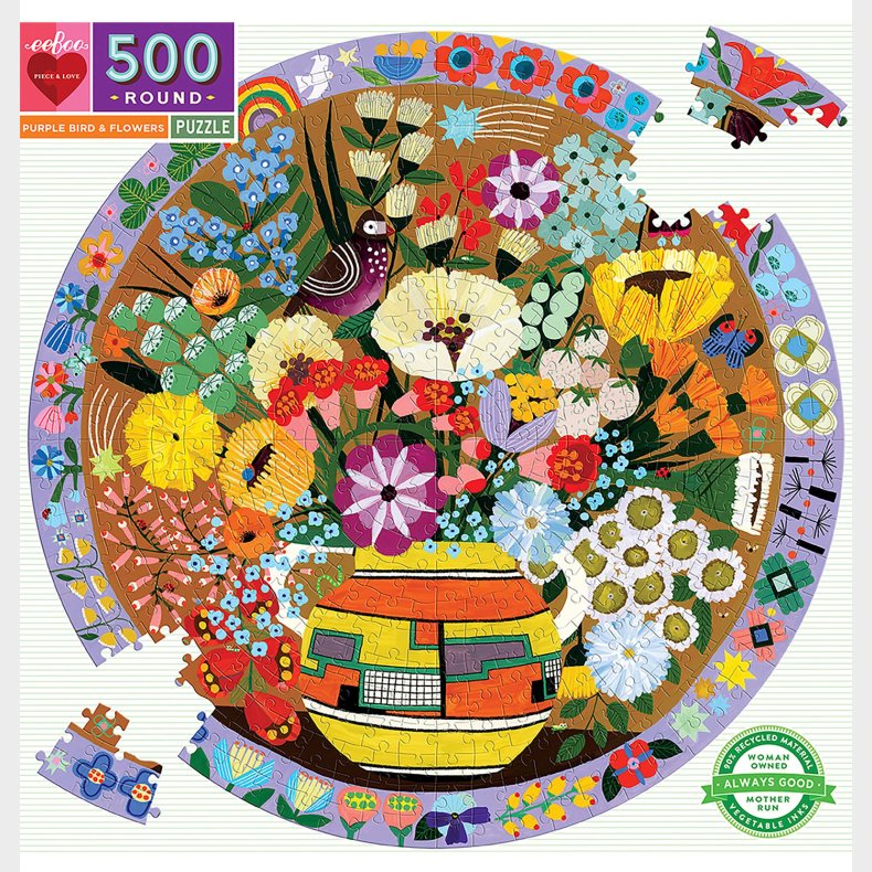 Eeboo Rundt Puslespil 500 brk - Purple Bird and Flowers