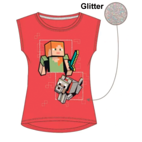 Minecraft rd t-shirt til piger med glitter (4-8 r)