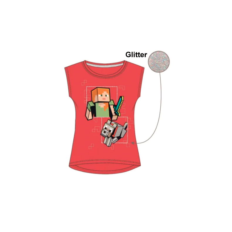 Minecraft rd t-shirt til piger med glitter (4-8 r)