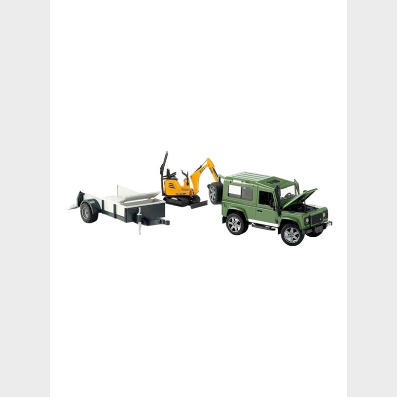 Bruder Land Rover Defender one axle trailer, JCB micro excavator + worker