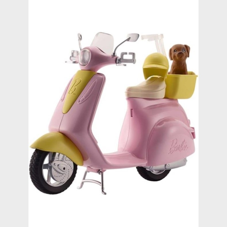 Barbie Pink &amp; Yellow Scooter Moped With Puppy &amp; Helmet