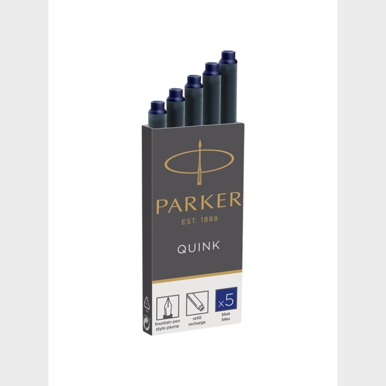 Parker Fountain Pen Ink Refill Cartridges | Long | Blue QUINK Ink | 5 Count