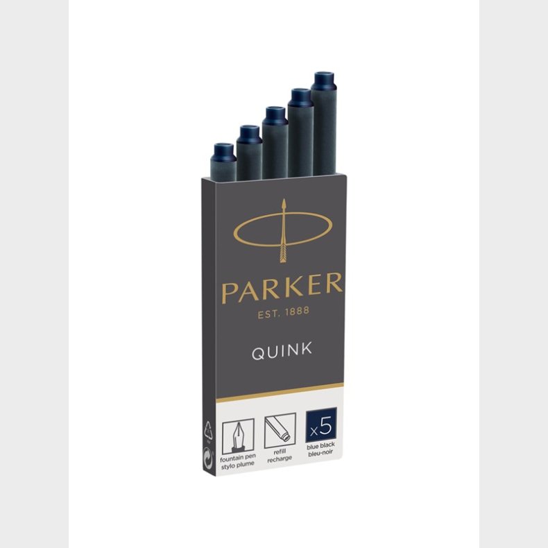 Parker Fountain Pen Ink Refill Cartridges | Long | Blue-Black QUINK Ink | 5 Count