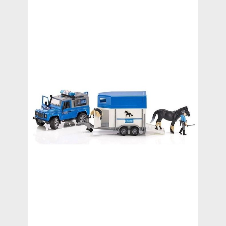 Bruder Land Rover Defender Police vehicle with horse trailer horse and policeman