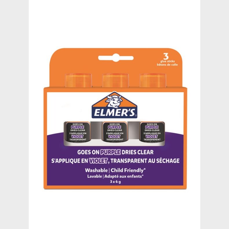 Elmer's Disappearing Purple limstifter | Gennemsigtig i tr tilstand | Perfekt til skoler og kreative projekter | Vaskbar og brnevenlig | 6 g | 3 styk