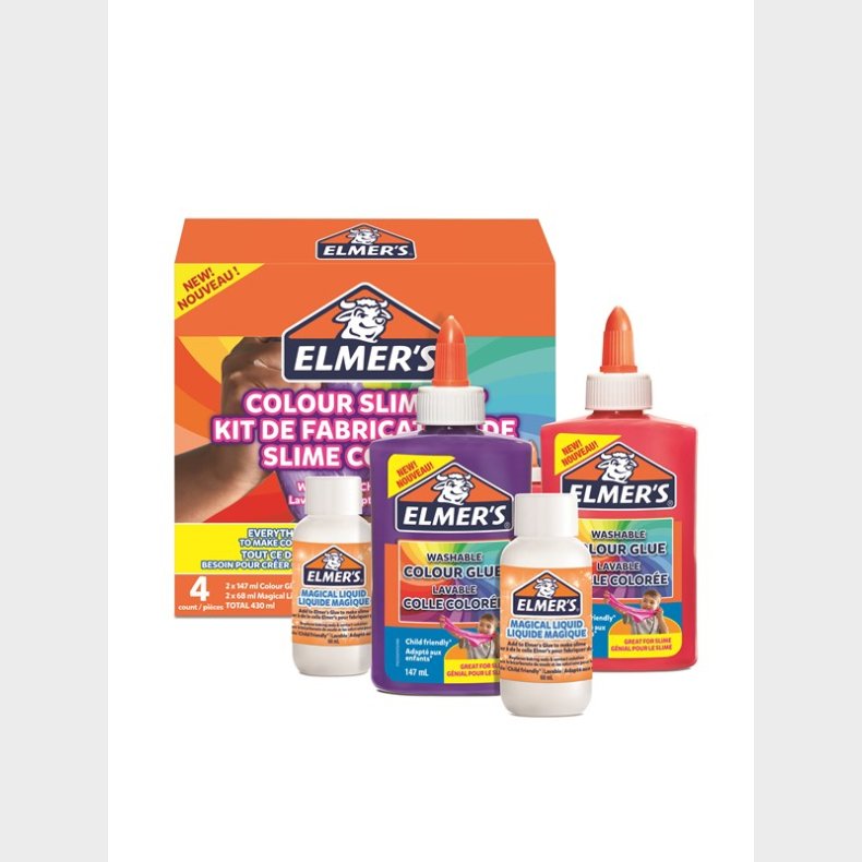 Elmer's Colour Slime Kit | Slimsttet indeholder vaskbar, farvet pva-lim | Forskellige farver | Med slimaktivator Magical Liquid | St med 4 dele