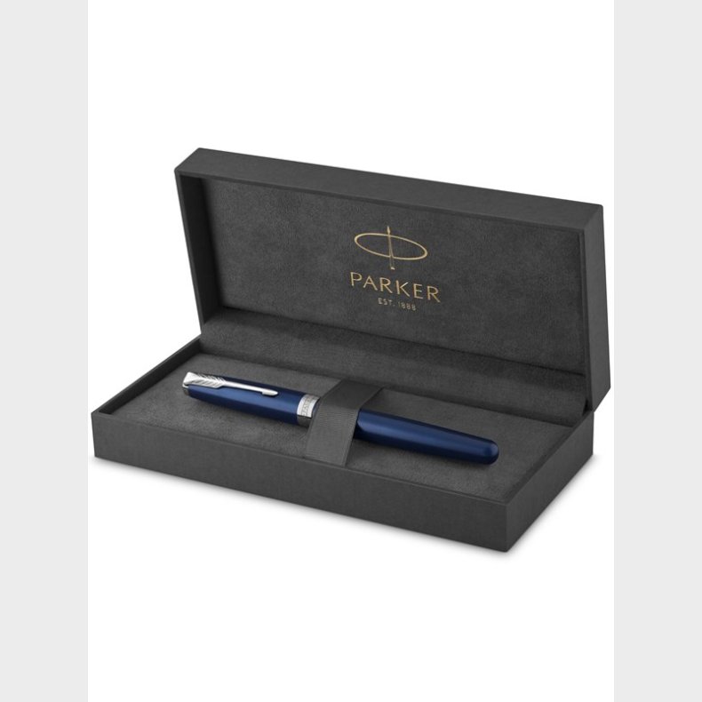 Parker Sonnet-kuglepen | bl lak med detaljer i palladium | fin spids med sort blk | gaveske