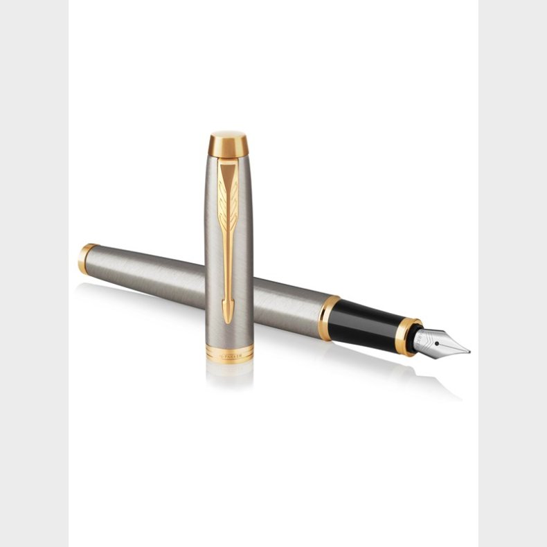 Parker IM-fyldepen, brstet metal, medium spids med patron med bl blk, gaveske