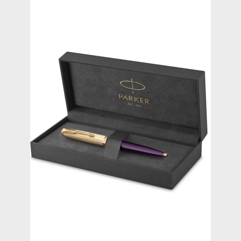 Parker 51-kuglepen | deluxe-blommefarvet cylinder med detaljer i guld | medium spids i 18k guld med patron med sort blk | gaveske