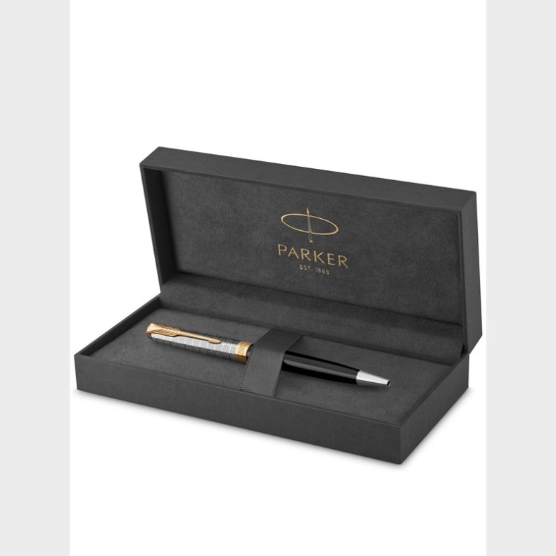 Parker PARKER Sonnet-kuglepen | frsteklasses metal og sort glanslakering med detaljer i guld | medium spids med patron med sort blk | gaveske