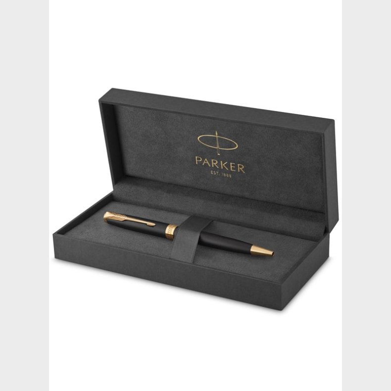 Parker Sonnet-kuglepen | matsort lak med detaljer i guld | medium spids sort blk | gaveske