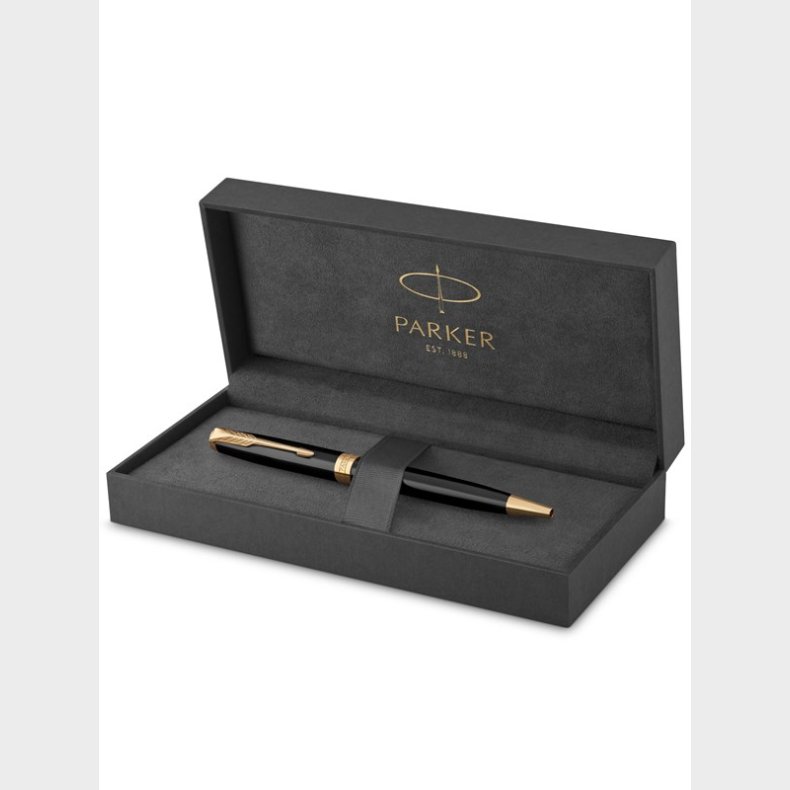 Parker Sonnet-kuglepen | sort lak med detaljer i guld | medium spids sort blk | gaveske