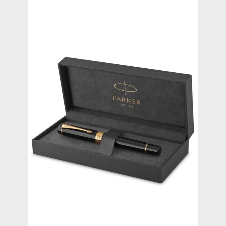 Parker Duofold Centennial-fyldepen | klassisk sort med detaljer i guld | fin spids i rent guld | sort blk og&nbsp;converter | kvalitetsgaveske