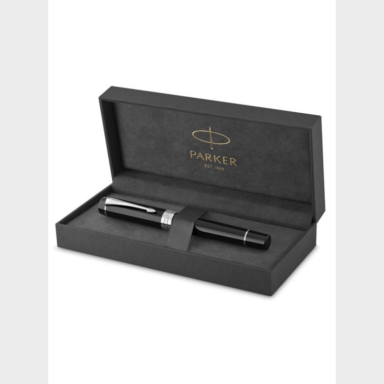 Parker Duofold Centennial-fyldepen | klassisk sort med detaljer i palladium | medium spids i rent guld | sort blk og converter&nbsp; | kvalitetsgaveske