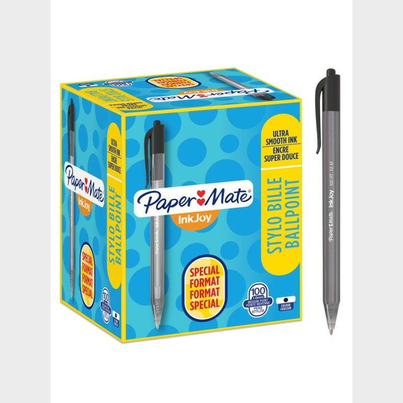 Papermate Paper Mate InkJoy 100RT Retractable Ballpoint Pens | Medium spids (1,0 mm) | Sort | 100 styk