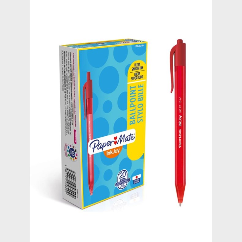 Papermate Paper Mate InkJoy 100RT Retractable Ballpoint Pens | Medium spids (1,0 mm) | Rd | 20 styk