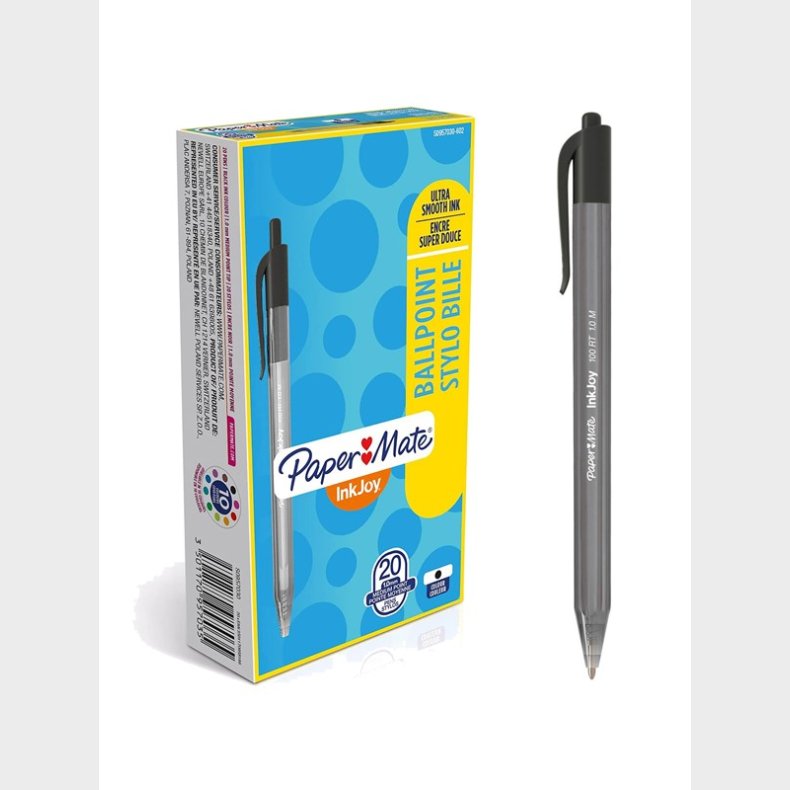 Papermate Paper Mate InkJoy 100RT Retractable Ballpoint Pens | Medium spids (1,0 mm) | Sort | 20 styk