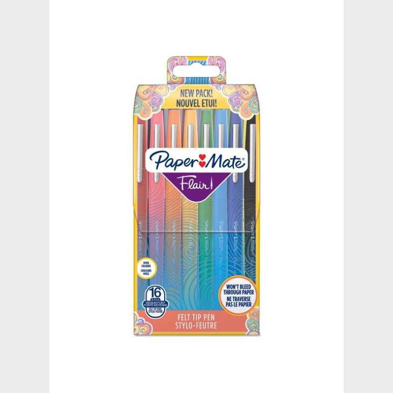 Papermate Paper Mate Flair Felt Tip Pens | Medium spids (0,7 mm) | Forskellige farver | Pose med 16 styk