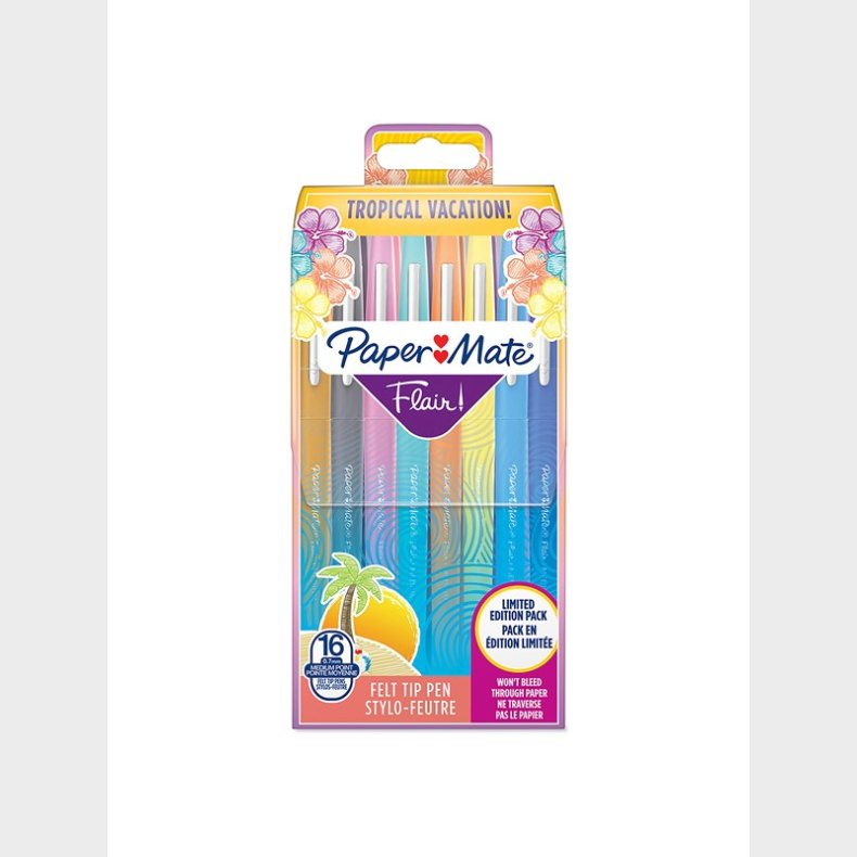 Papermate Paper Mate Flair Felt Tip Pens | Medium spids (0,7 mm) | Forskellige trope-inspirerede farver | Pose med 16 styk