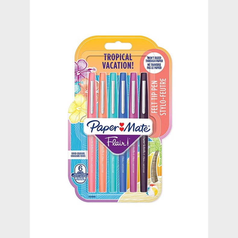 Papermate Paper Mate Flair filtpenne | Medium spids (0,7 mm) | Tropiske feriefarver | 6 Stk