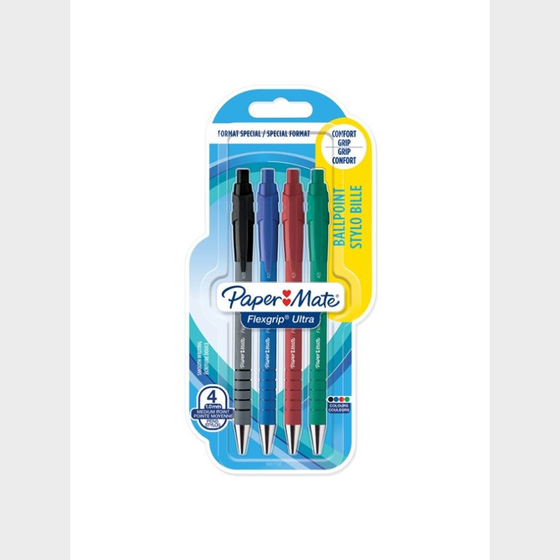 Papermate Paper Mate Flexgrip Ultra Retractable Ballpoint Pens | Medium spids (1,0 mm) | Forskellige farver | Pakke med 3+1 styk