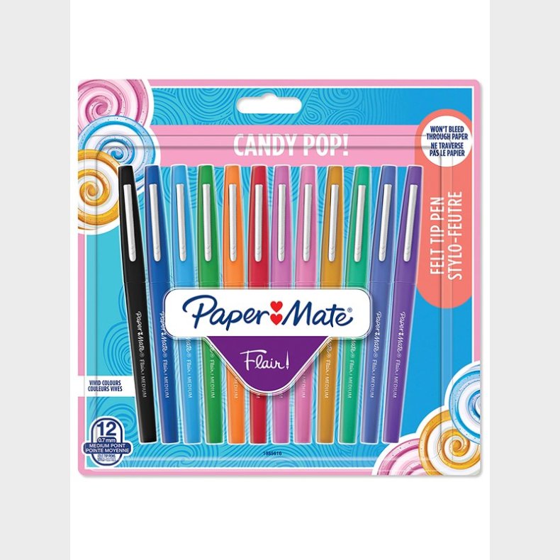 Papermate Paper Mate Flair Felt Tip Pens | Medium spids (0,7 mm) | Forskellige candy-POP-farver | 12 styk