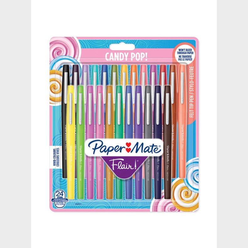 Papermate Paper Mate Flair Felt Tip Pens | Medium spids (0,7 mm) | Forskellige candy-POP-farver | 24 styk