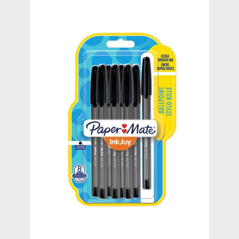 Papermate Paper Mate InkJoy 100ST Capped Ballpoint Pens | Medium spids (1,0 mm) | Sort | 8 styk