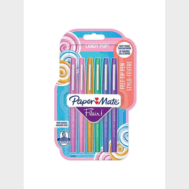 Papermate Paper Mate Flair Felt Tip Pens | Medium spids (0,7 mm) | Forskellige candy-POP-farver | 6 styk