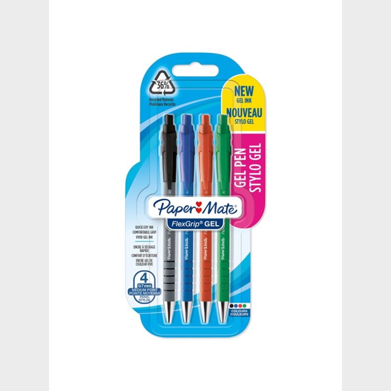 Papermate Paper Mate Flexgrip Gel Pens | 0,7 mm | Sort, blt, rdt og grnt blk | 4 styk