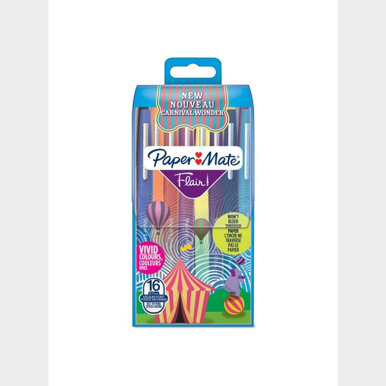 Papermate Paper Mate Flair Felt Tip Pens | Medium spids (0,7 mm) | Karnevalsfarver | 16 styk