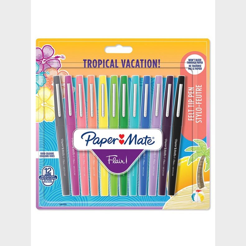 Papermate Paper Mate Flair filtpenne | Medium spids (0,7 mm) | Assorterede tropiske feriefarver | 12 Stk