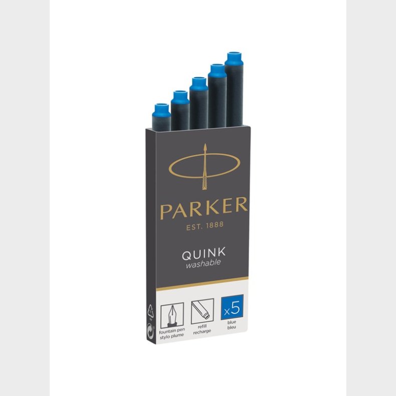 Parker Fountain Pen Ink Refill Cartridges | Long | Washable Blue QUINK Ink | 5 Count