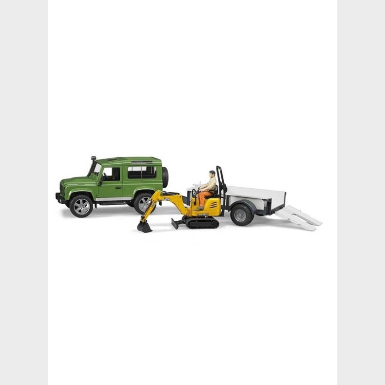 Bruder Land Rover Defender one axle trailer, JCB micro excavator + worker