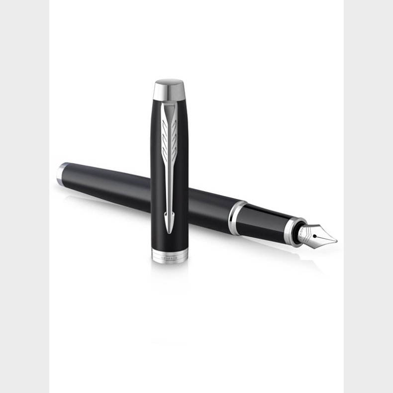 Parker PARKER IM Fountain Pen | Matte Black with Chrome Trim | Fine Point with Blue Ink Cartridge | Gift Box