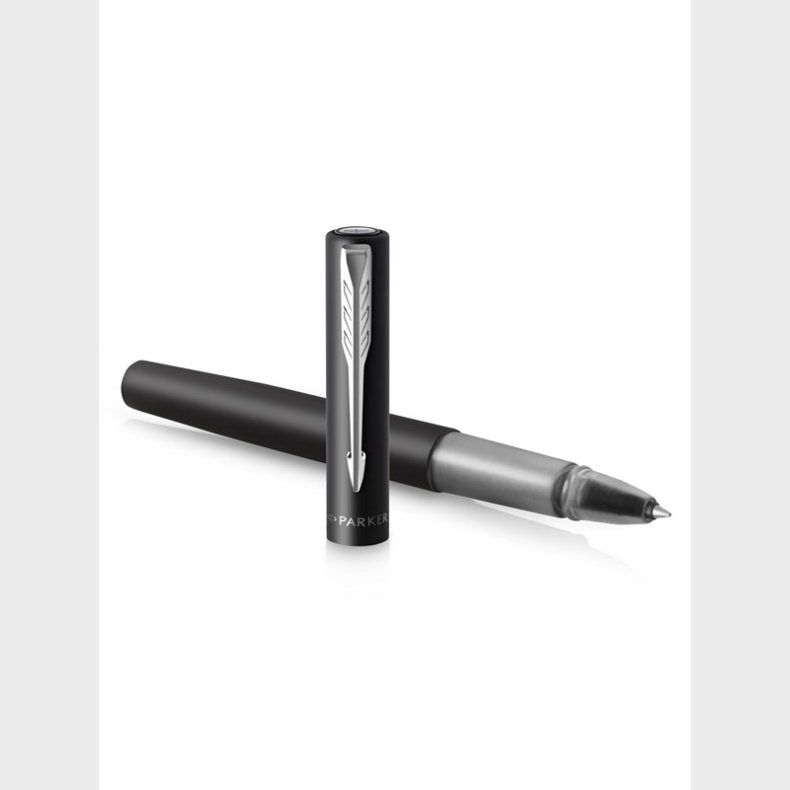 Parker Vector XL Rollerball Pen | Metallisk sort lak p messing | Fin spids med sort blkpfyldning | Gaveske