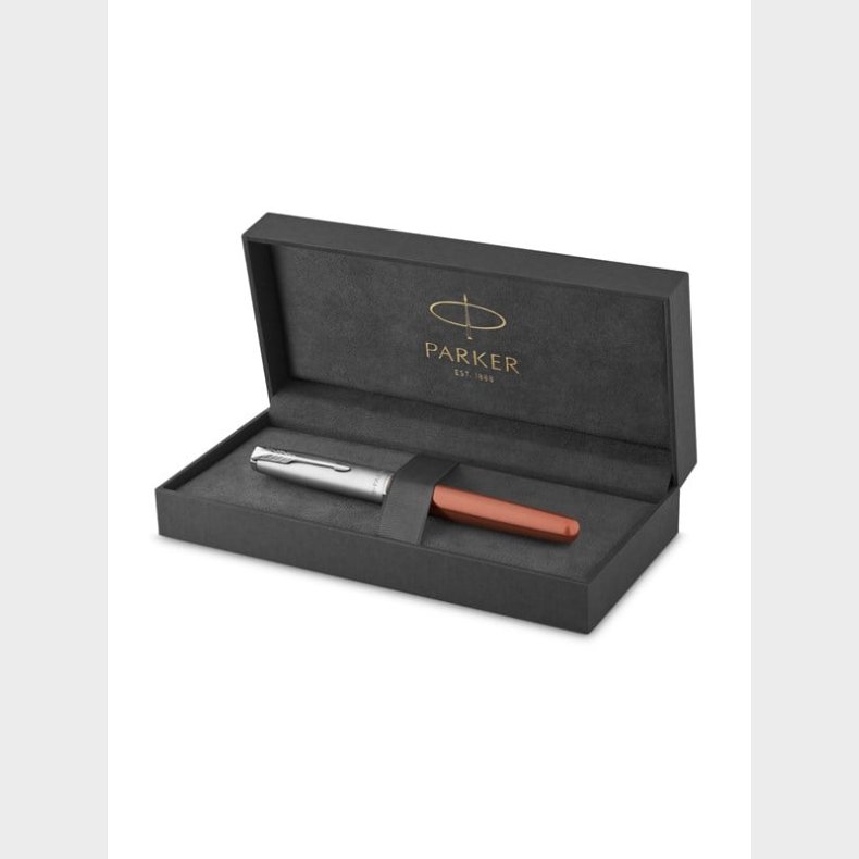 Parker Sonnet Rollerball Pen | Metal &amp; orange lak med palladiumkant | Fin spids sort blk | Gaveske