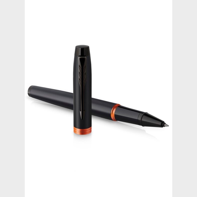 Parker IM Vibrant Rings Rollerball Pen, Satin sort lak med flammeorange accenter, Fin spids med sort blkpfyldning, gaveske