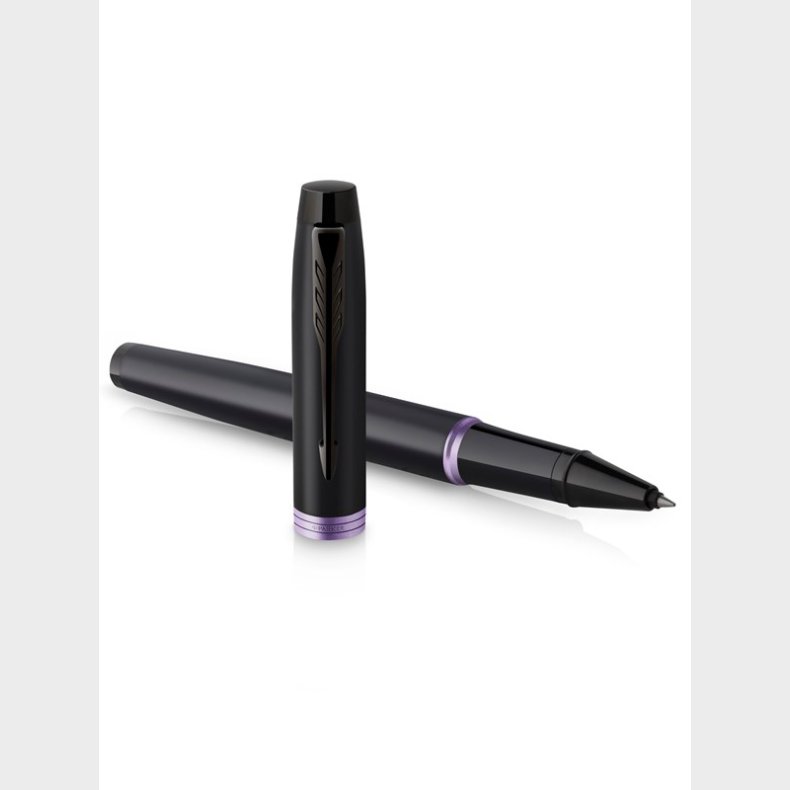 Parker IM Vibrant Rings Rollerball Pen, Satin sort lak med ametyst lilla accenter, Fin spids med sort blkpfyldning, gaveske