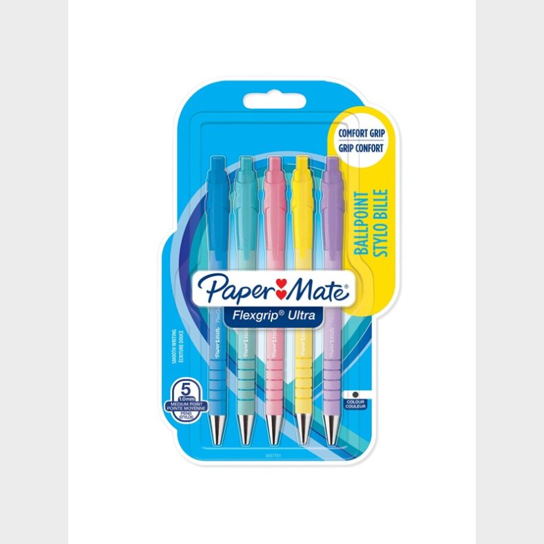 Papermate Paper Mate Flexgrip Ultra Pastel kuglepenne | Medium spids (1,0 mm) | Sort blk | Pastelhylster | 5 Stk