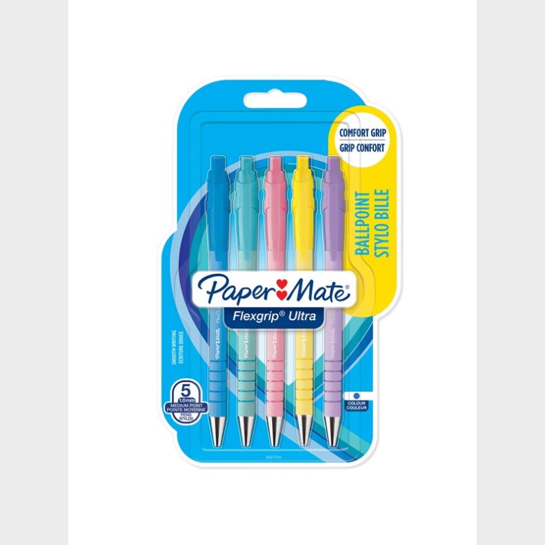 Papermate Paper Mate Flexgrip Ultra Pastel kuglepenne | Medium spids (1,0 mm) | Blt blk | Pastelhylster | 5 Stk