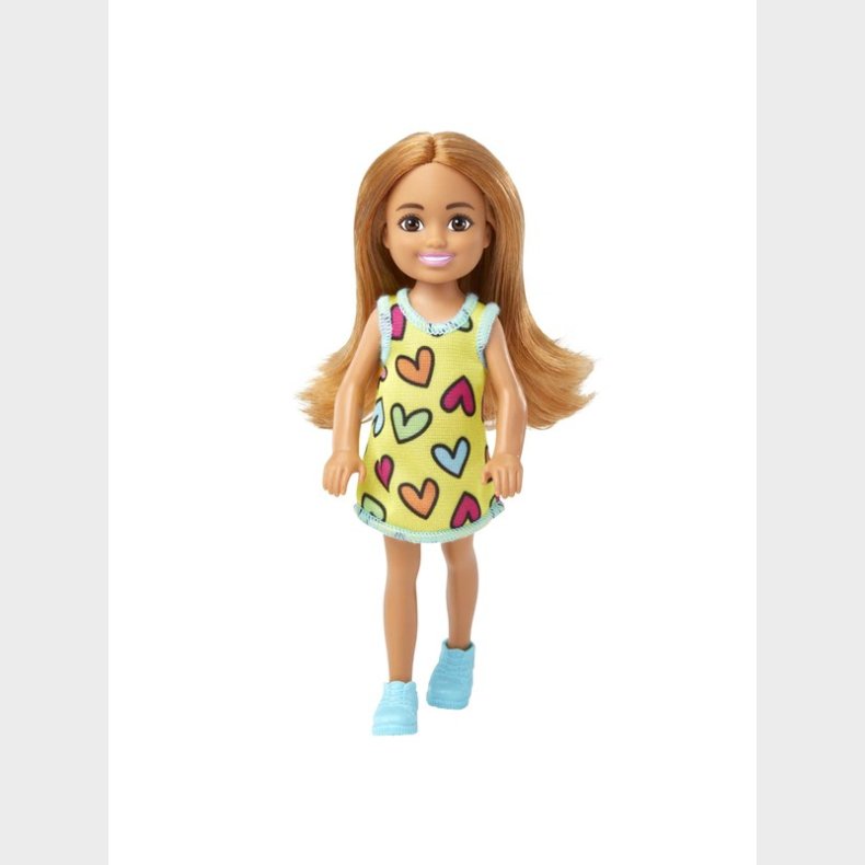 Barbie Chelsea Doll Heart-Print Dress With Brunette Hair &amp; Brown Eyes 15cm