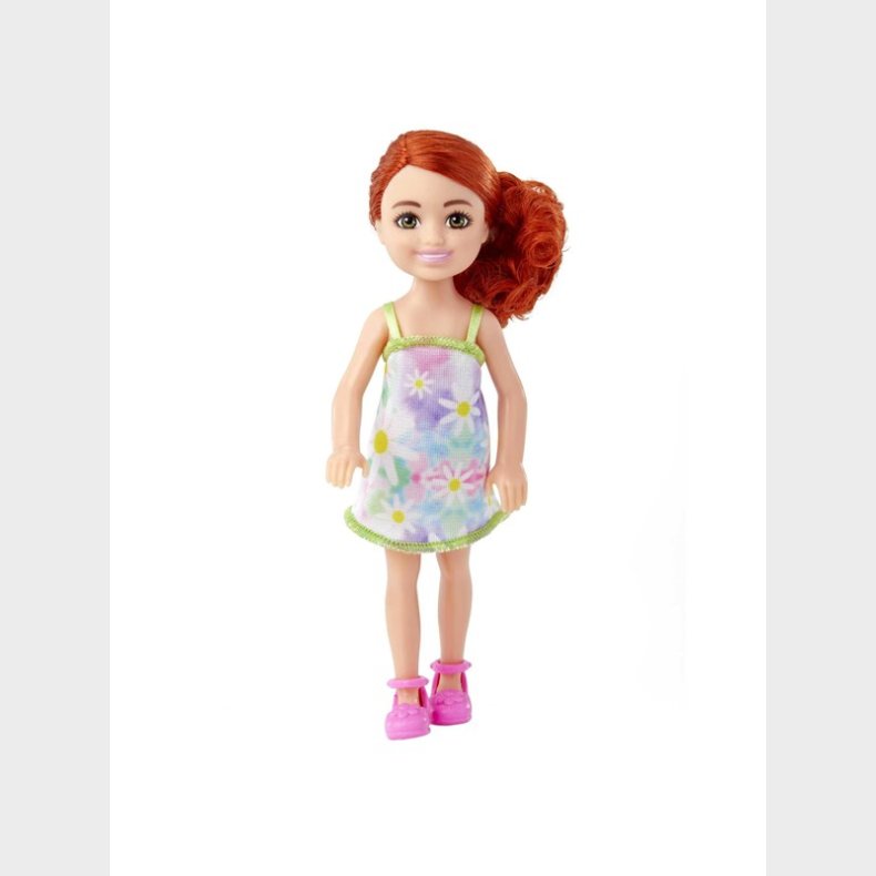 Barbie Chelsea Doll Wearing Removable Floral Dress With Red Hair &amp; Green Eyes 15cm