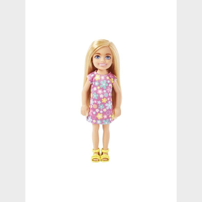 Barbie Chelsea Doll Wearing Purple Flowered Dress With Blond Hair &amp; Blue Eyes 15cm