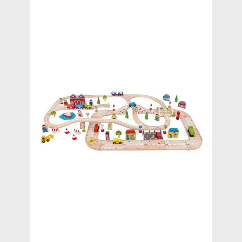 Bigjigs Wooden Train Track and Car Track Set 105dlg.