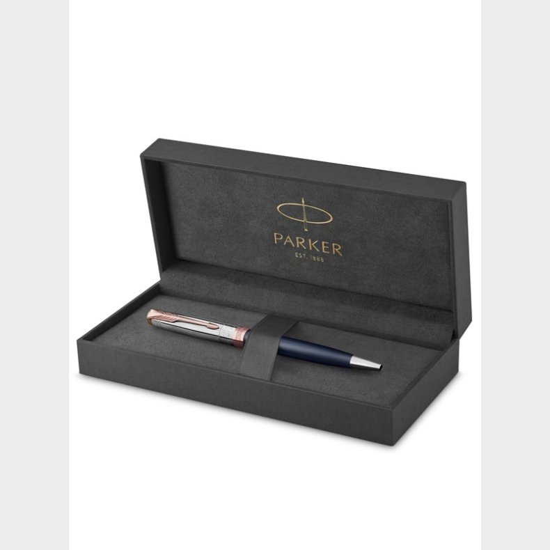 Parker Sonnet kuglepen | Intrerpid Journeys Collection, Mt. Fuji Edition | Bl lak &amp; massiv slv med lyserde guldkanter | Mellempunkt | Sort blk | Gaveske