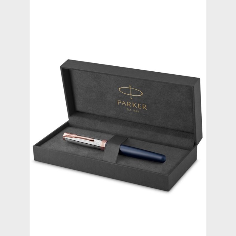 Parker Sonnet Rollerball pen | Intrerpid Journeys Collection, Mt. Fuji Edition | Bl lak &amp; massiv slv med lyserde guldkanter | Fin punkt med sort blk | Gaveske