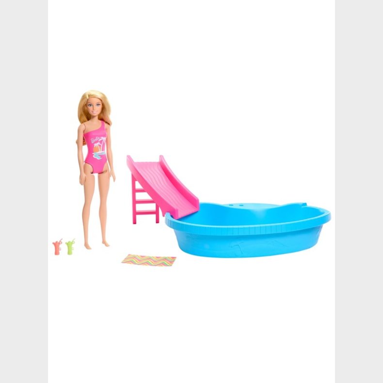 Barbie Doll And Pool Playset Blonde With Pool Slide Towel And Drink Accessories